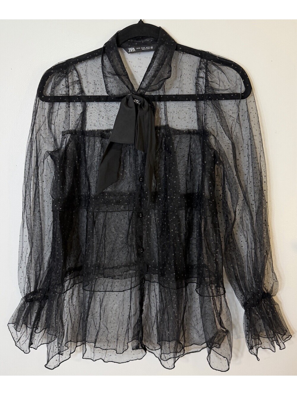 Zara Black Sheer Mesh Swiss Dot Neck Bow Blouse Top XS Gothic Romantic Coquette